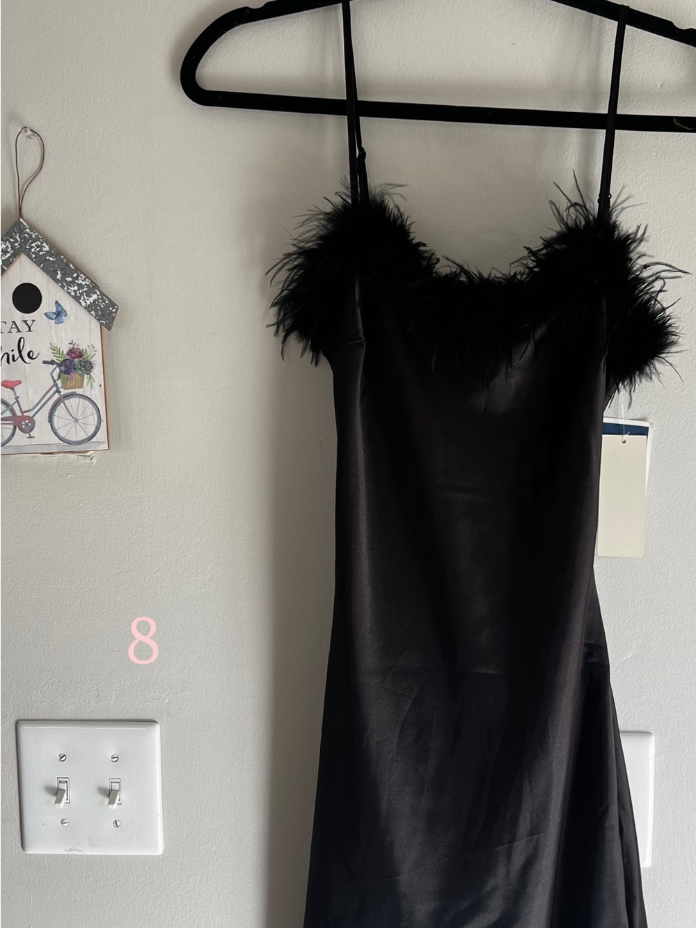 Black Satin Slip Dress with Feather Trim - Picture 2 of 2